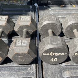 PAIR  OF  60  LB.  STEEL  HEX  DUMBBELLS  = $140  &  PAIR OF  40  LB.  SA()Gear  DUMBBELLS  = $75