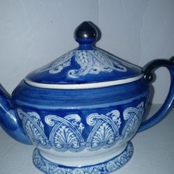 Vintage Blue And White And Silver Teapot
