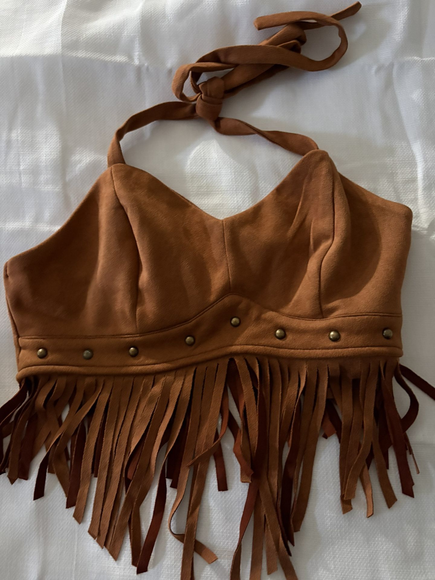 "Brown Faux Suede Fringe Halter Crop Top - Festival/Western Style