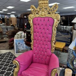 80” high-back throne chair with a pink leatherette tufted backrest featuring rhinestone accents