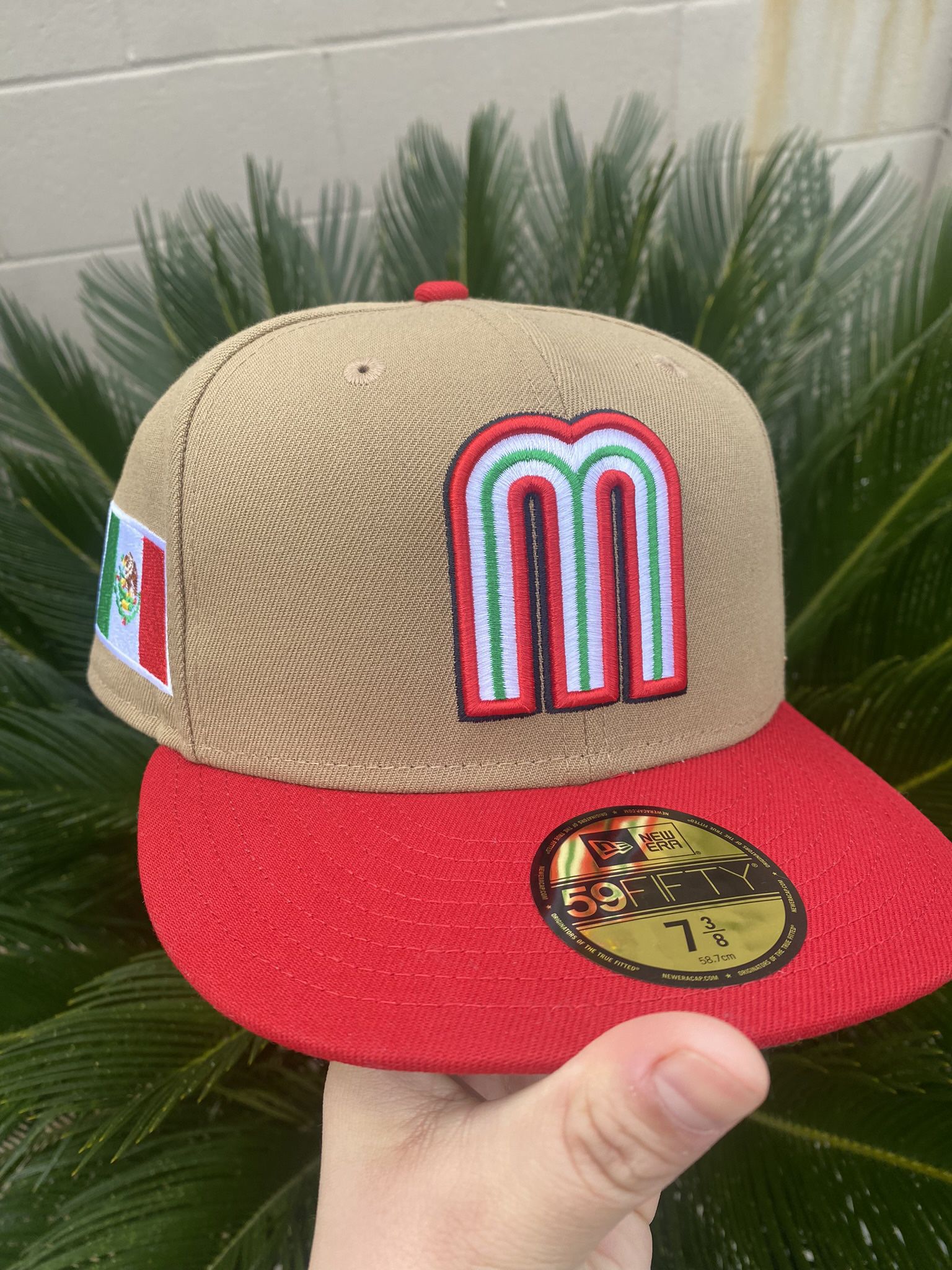 WBC Mexico Khaki Tan Red New Era Fitted Hat Size 7 3/8