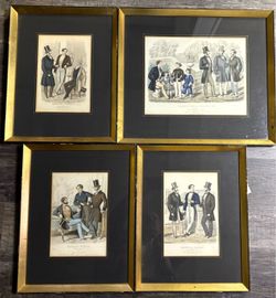 Antique French Fashion Plates Set of 4 Framed Hand Colored Engravings