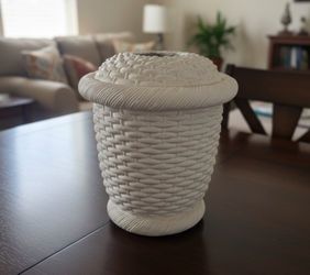 Vintage White Chalkware Basketweave Canister Jar Flower Vessel Pot 14x16in