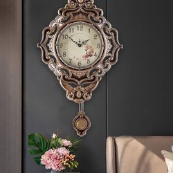 Antique Art Wall Clock Brown Silent Non Ticking 