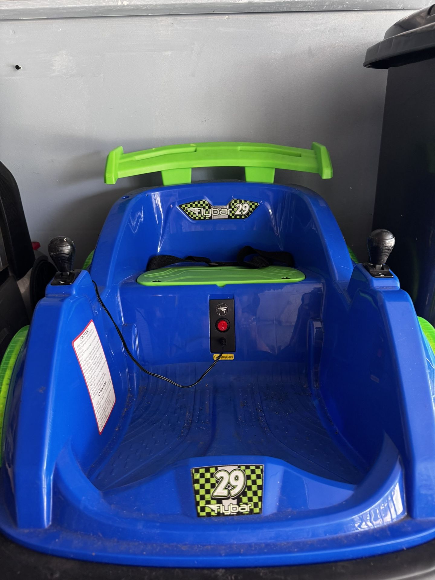 Fun little electric race car bumper car for ages 2-6. When you turn the vehicle on little green and red LED lights flash. Cart has been well kept run