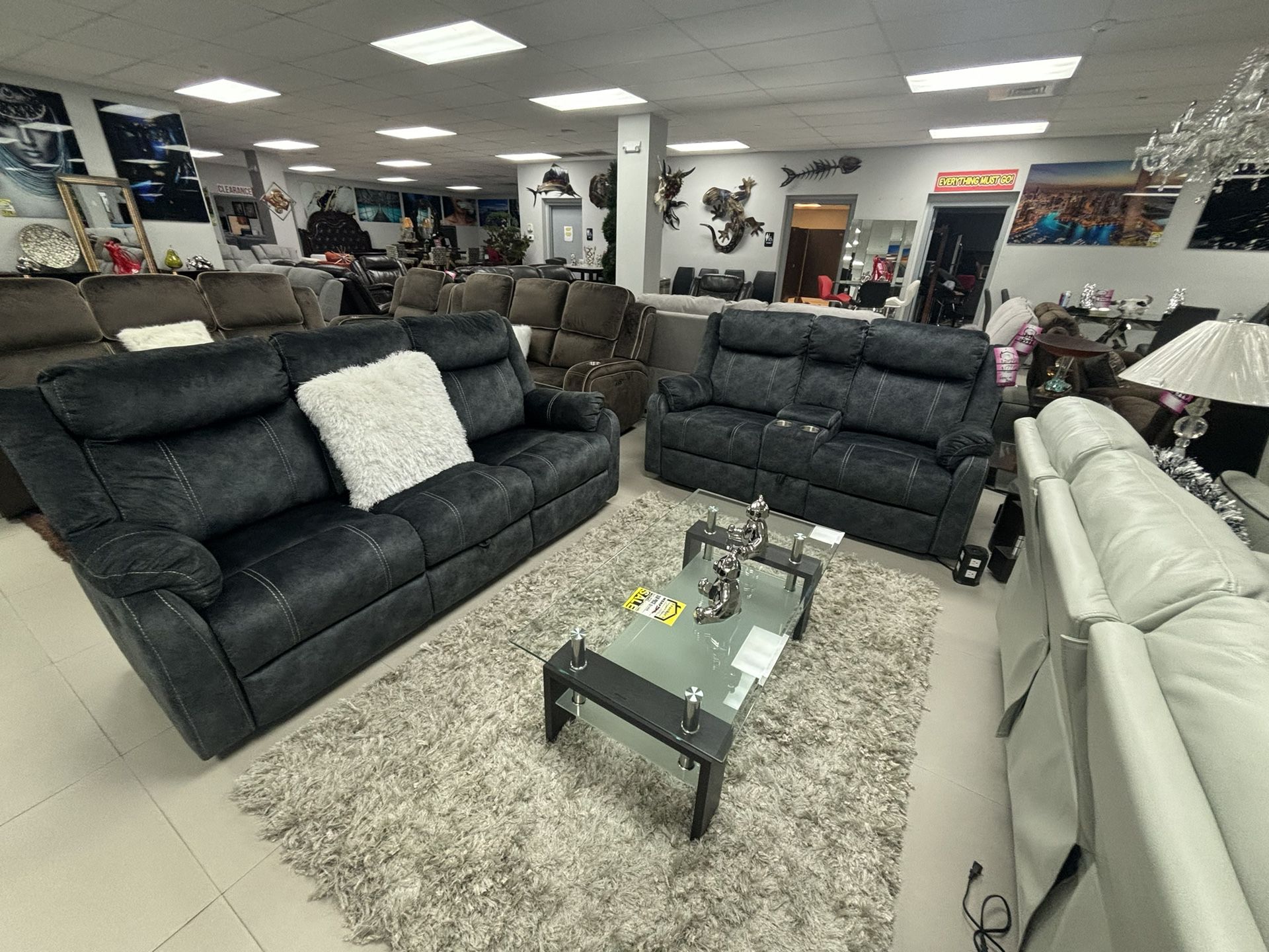 Micro Fiber Reclining Sofá And Love Living Room Set On Closing Clearance With Drop Console On Sale For $799 STORE CLOSING 