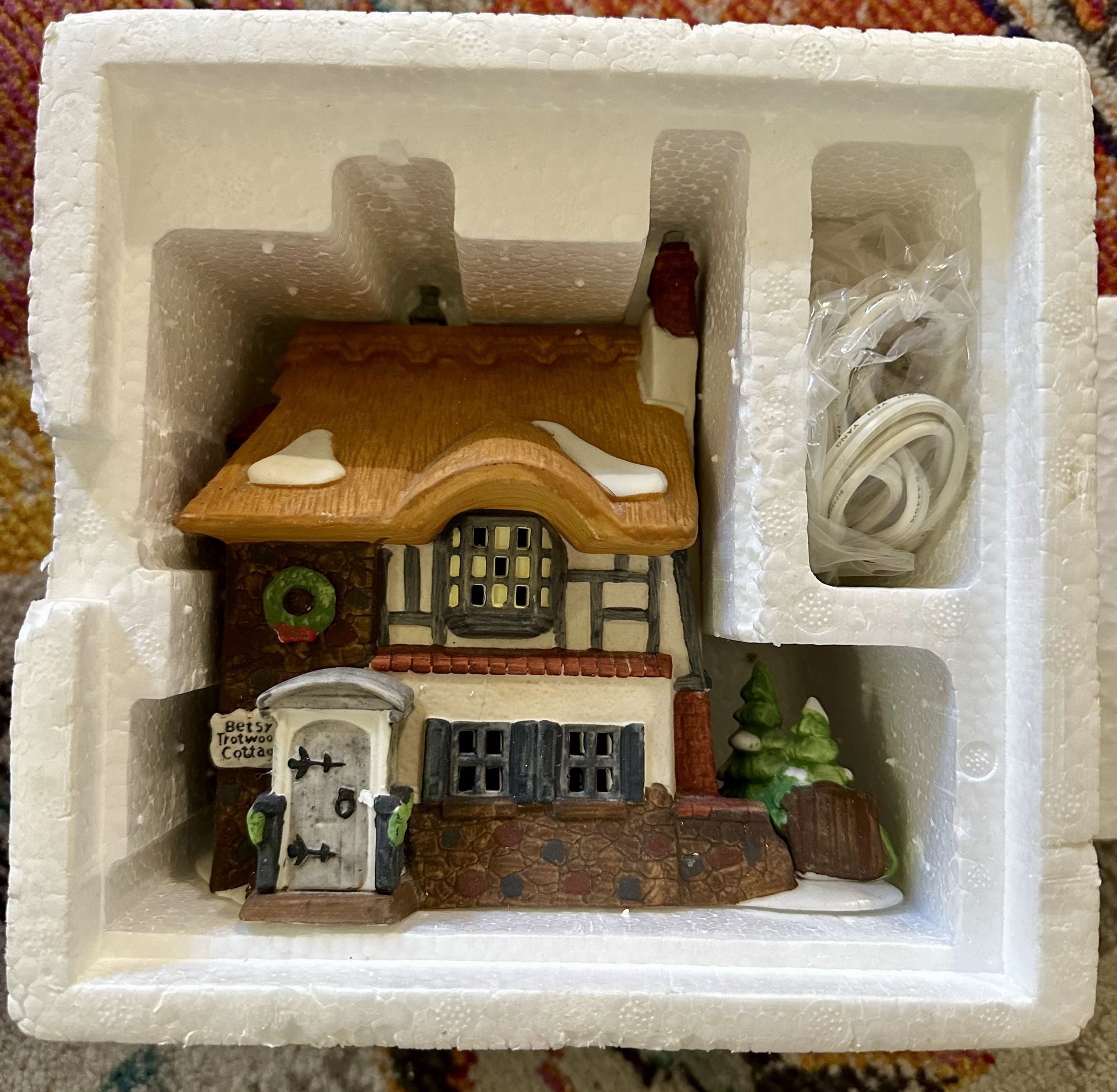 Dept. 56 Heritage Village Collection – Dickens’ Village Series “BETSY TROTWOOD’S COTTAGE” – 1989 Hand-painted porcelain. Includes original Styrofoam i