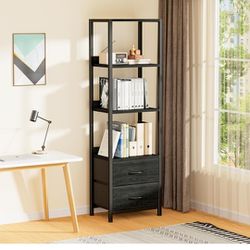 Furnulem 4-Tier Corner Shelf, Bookshelf with 2 Storage Drawers, 57.28”Tall Narrow Bookcase, Standing Shelf Organizer Unit for Living Room, Bedroom, Me