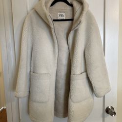 ZARA Off White Sherpa Textured Coat Jacket With Hood