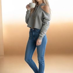 Cold-Shoulder Cropped Hoodie Jacket in Light Gray
