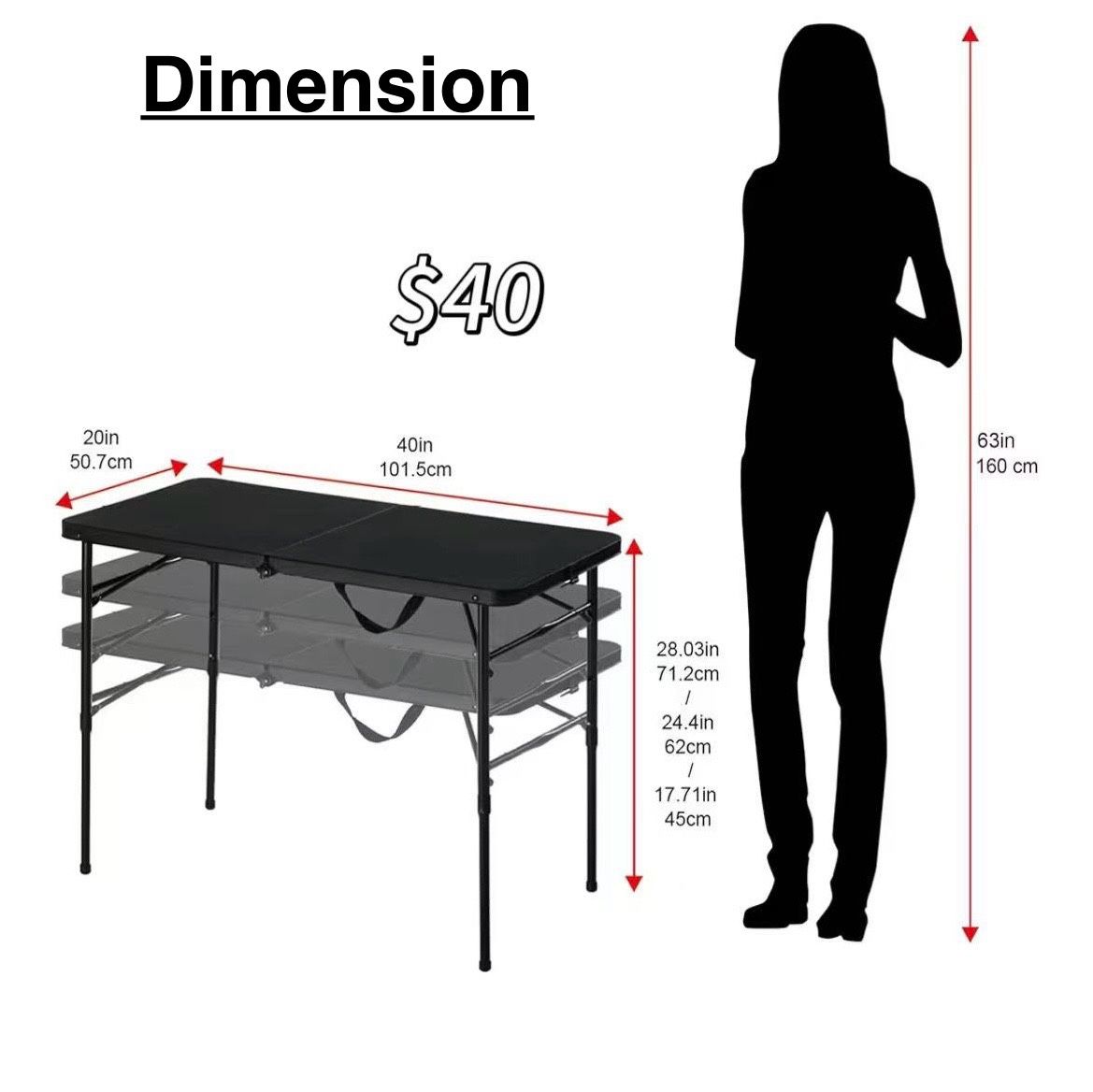 😀 40" L x 20" W Plastic Adjustable Height Fold-in-Half Folding Table, Rich Black