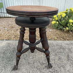  Gothic Victorian  Adjustable Oak Piano Stool with Cast Iron and Glass Claw Feet