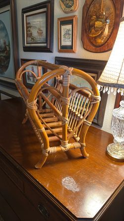 Vintage Mid-Century Bamboo & Rattan Magazine Rack – Boho Cottage Decor