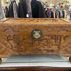 Antique Chinese Camphor Wood Trunk Carved Koi Panels