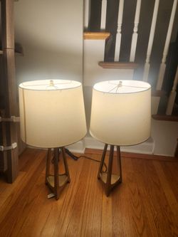 Pair of Ashley Furniture Mid-Century Modern Tripod Table Lamps (Gold / Brass)