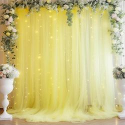 10ft x 10ft Yellow Backdrop Curtain with Lights String for Parties, Sheer Tulle Wedding Photo Backdrops Drapes for Baby Shower Birthday Party Decorati