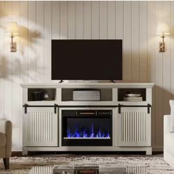 Farmhouse 61 in. Freestanding Electric Fireplace TV Stand fits TV up to 65 in. with Remote Control in Wash White