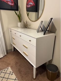 White 6-Drawer Dresser - Mid-Century Modern with Gold Hardware