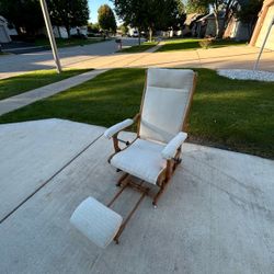 Vintage wooden platform rocking chair light patterned fabric upholstery & pull-out footrest