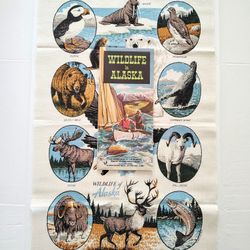 Vintage Alaska Memorabilia Wildlife Tea Towel And Wildlife Map From The 70/80s  