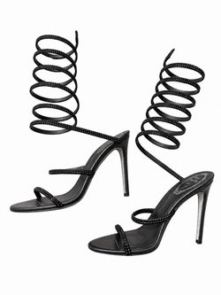 Rene Caovilla Black Crystal Embellished Spiral Ankle Wrap Stiletto Sandals 38