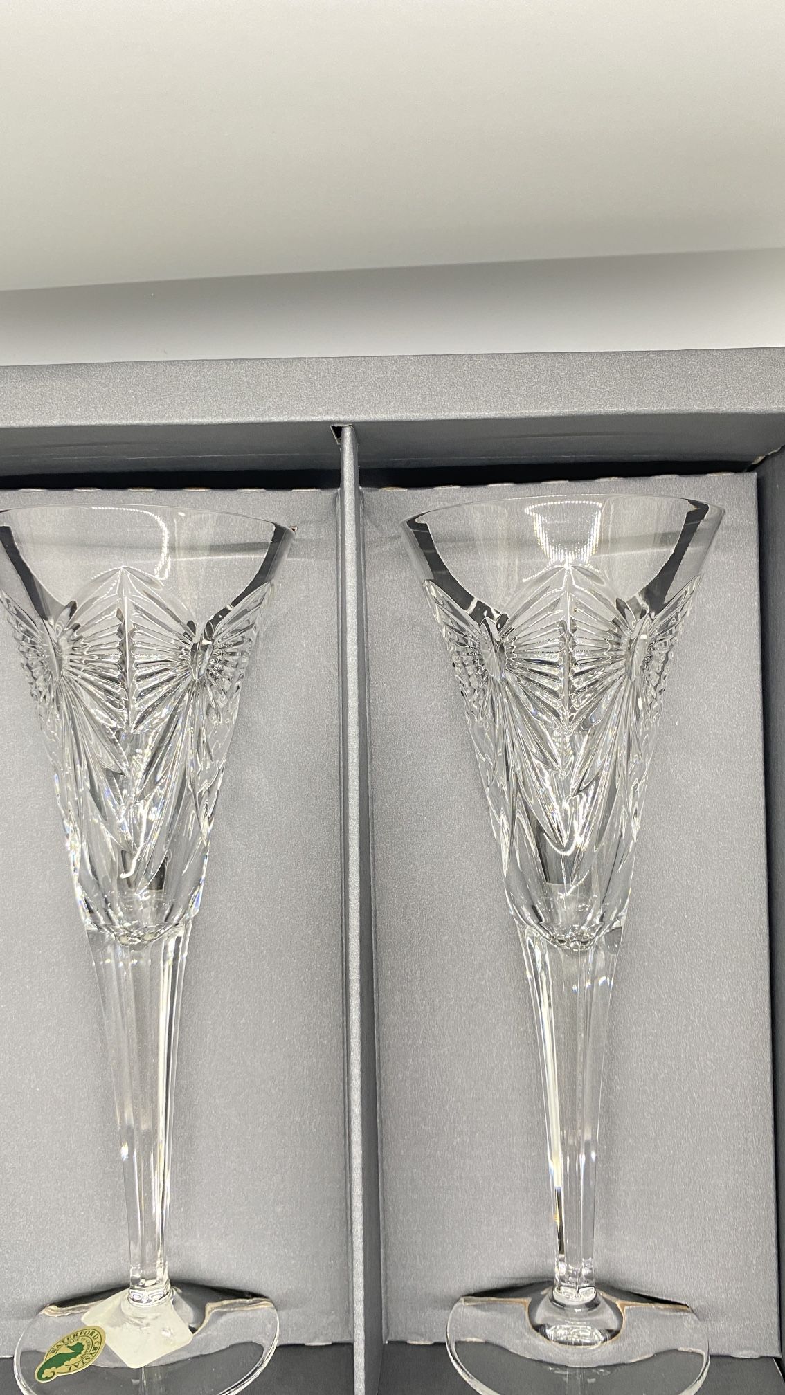 Waterford Crystal Champagne Flute Millenium Collection ~ Happiness SET of 2 NEW in Original Box & Papers 