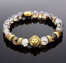 Men's Black Lava Stone Gold Lion Buddha Beaded Charm Bracelet