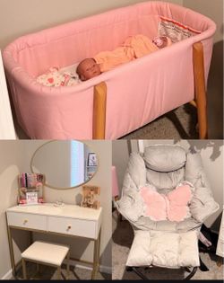 BLOWOUT SALE! Girl’s Vanity w/Mirror & Stool, Cozy Chair, Bassinet