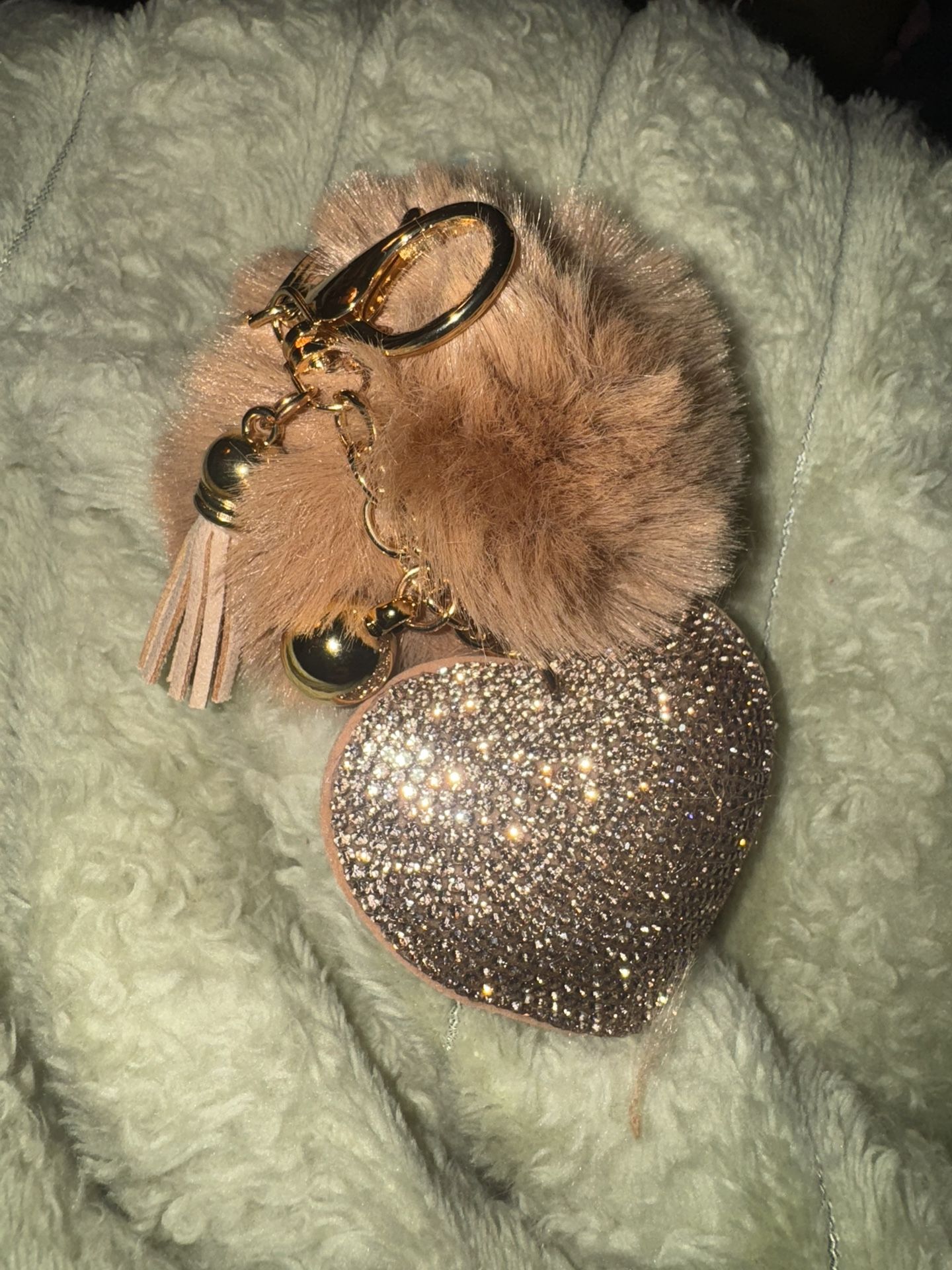 New Rhinestone Puffy Heart with Fuzzy Pom Pom Keychain
