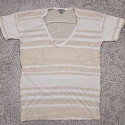 James Perse Top Womens 3 (Large) Tan White Striped Short Sleeve Scoop Neck 