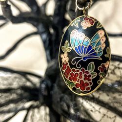 Vintage Japanese Cloisonné Enamel Pendant | Butterfly Flower Charm