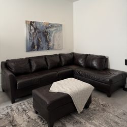 Modern Dark Brown Leather Sectional with Ottoman - Great Condition!