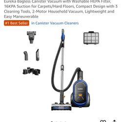 Eureka Bagless Canister Vacuum with Washable HEPA Filter, 16KPA Suction for Carpets/Hard Floors, Compact Design with 3 Cleaning Tools, 2-Motor Househo