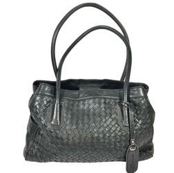 B. Makowsky Shoulder Tote Bag Purse Black Woven Braided Leather Leopard Lining