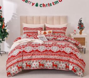Smuge Christmas Duvet Cover King Size Comforter Cover Red Reindeer Snowflake Quilt Case Soft Bedding Quilt Cover with 2 Pillow Shams new