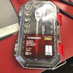 1003 Husky 1005 879 665 24pc 3/8” Drive Socket & Ratchet Set In Hard Carry Case 564883