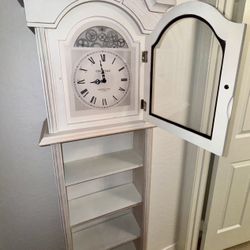 Antique Off White Grandfather Clock Analog Rectangle Floor Coastal Feminine Antique Shabby Chic Grandfather floor clock