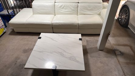 White Leather Couch With Electric Recliner And Marble Table