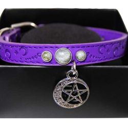 Purple Vegan Leather Dog Pet Collar With Natural Crystals 