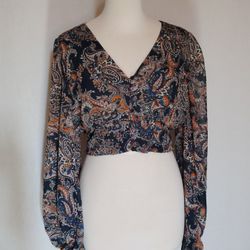 Forever 21 Cropped Paisley Sheer Long Puffed Pheasant Sleeve Top Size Medium