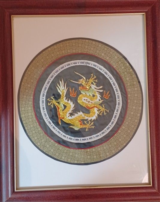 Antique Stitch Framed Tapestry Chinese Dragon