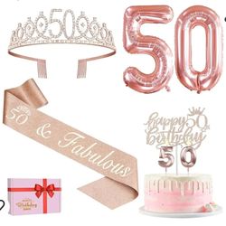 50th Birthday Decorations Women, Include 50th Birthday Sash and Tiara, Birthday Cake Topper and Number 50 Candles, Balloons, Birthday Card, 50th Birth