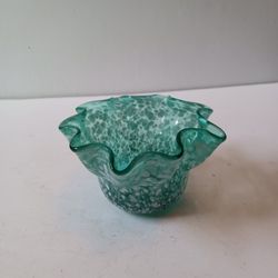 Vintage blown glass Turquoise ruffle edge confetti  art glass decor