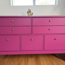 Hand-Painted Pink Dresser + Matching Gold-Trim Mirror – Statement Piece