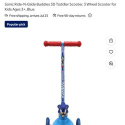 Sonic Ride-N-Glide Buddies 3D Toddler Scooter, 3 Wheel Scooter for Kids Ages 3+, Blue