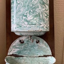 19th Century White & Soft Green Swirled Enamel French Water Tank & Basin 
