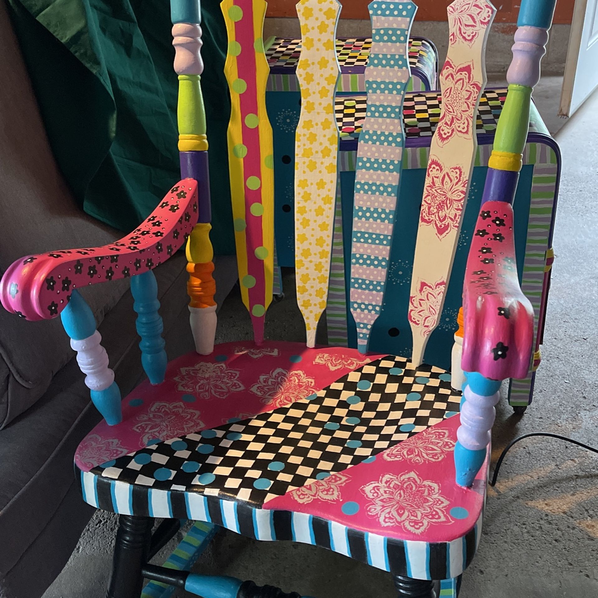 Hand Painted Colorful Rocking Chair And End Tables