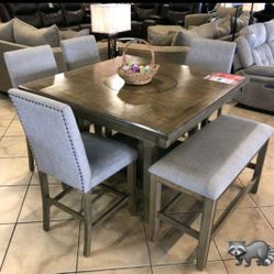 Manning Brown Counter Height Dining Table +4 Chairs + Bench Finance and Delivery Available 