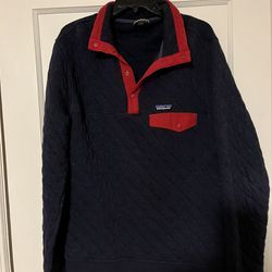 Patagonia Organic Cotton Quilted Snap T Navy Red Pullover Sweater Size Medium