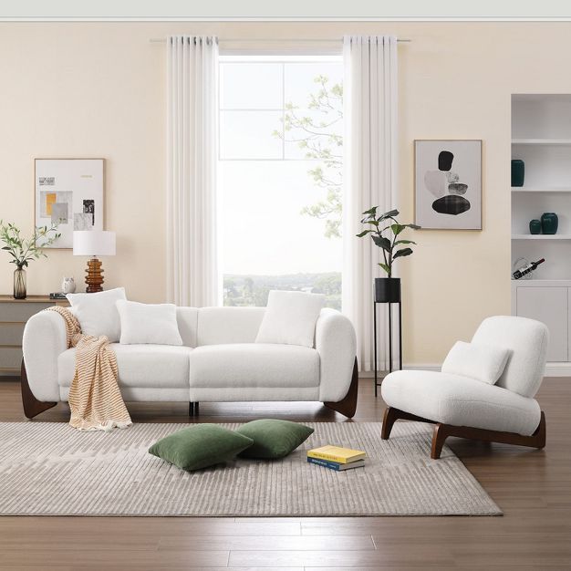 Modern Boucle Fabric Sofa Set - 1 Sofa and 1 chair with Sleek Wooden Legs for Living Room or Home Office